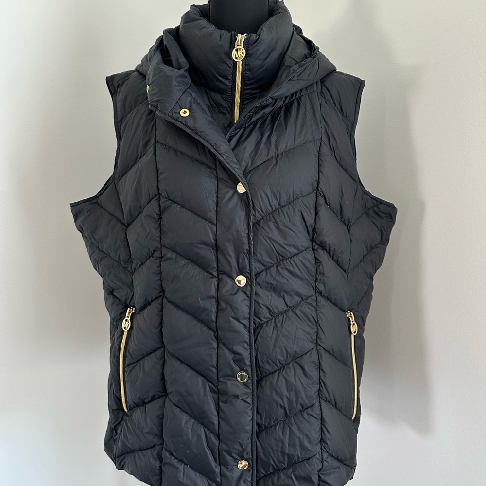 Michael Kors Black Puffer Vest with Gold Accents & Hood